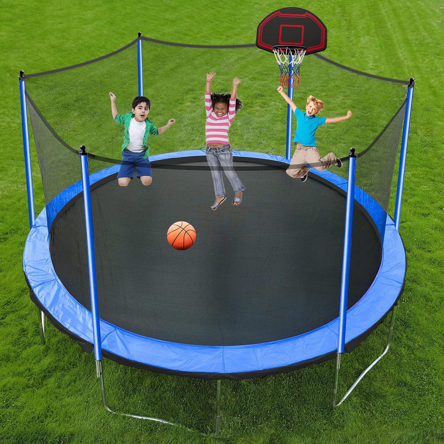 Blue Mars 1500 LBS 14 FT 16 FT Trampoline for Adults 7-10 Kids, Heavy Duty Outdoor Trampoline with Basketball Hoop