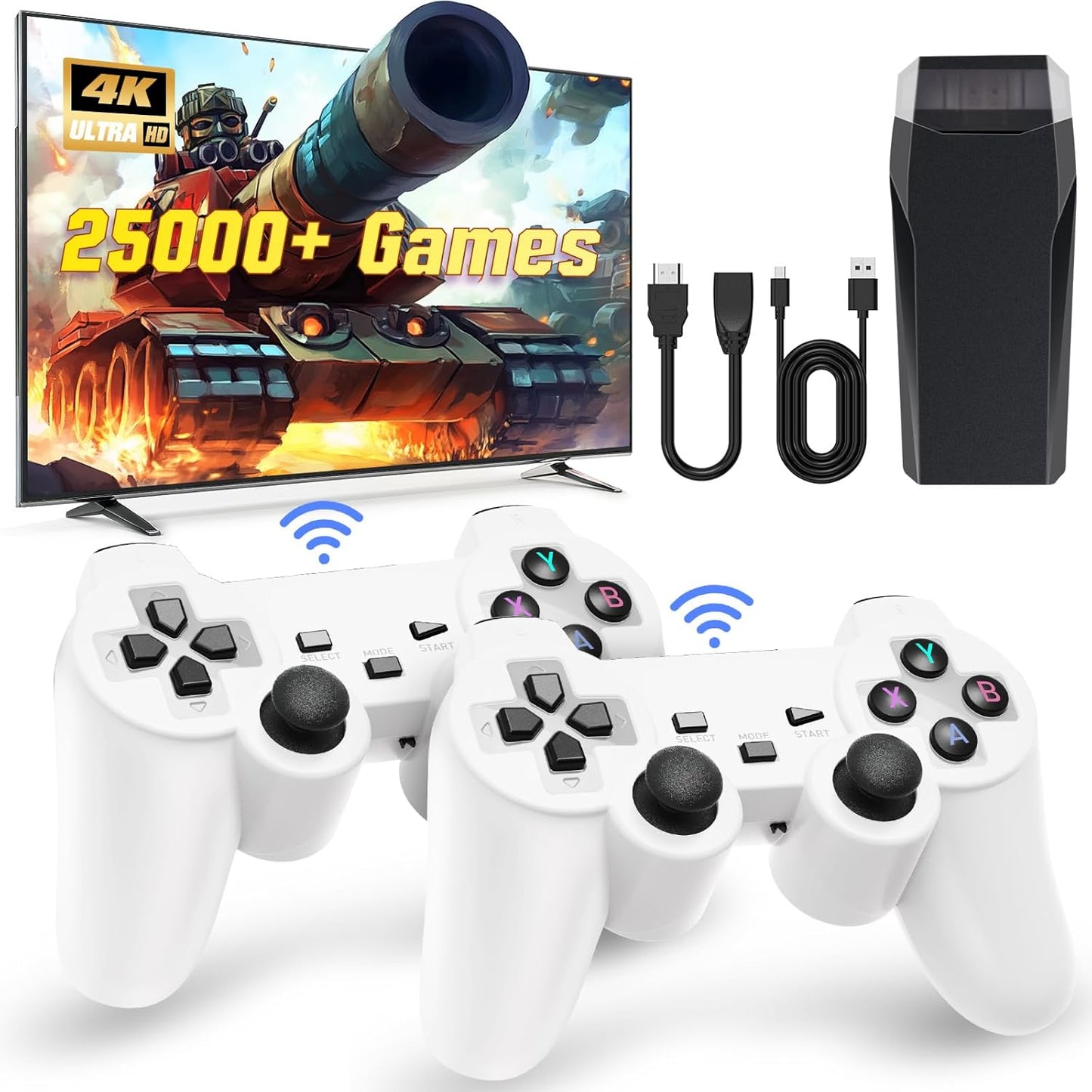 Retro Game Console, Wireless Retro Game Console, Plug & Play Video TV Game with 25000+ Built-in Games, 4K HDMI Output, and 2.4GHz Wireless Controller, 9 Classic Emulators (White)