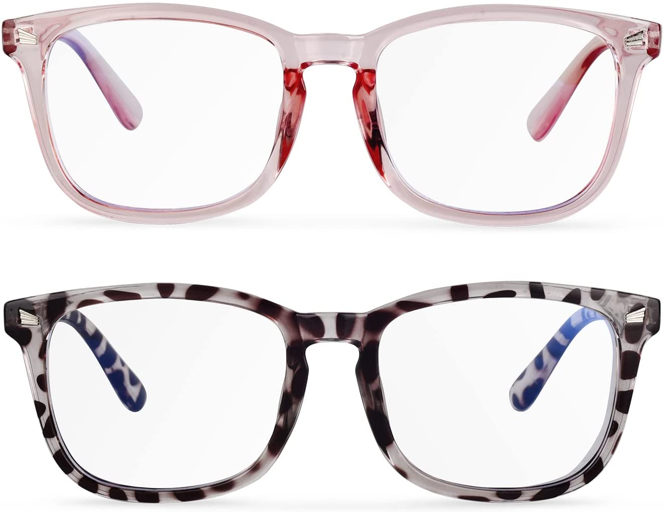 Blue light glasses, 2pack blue light blocking glasses can reduce 95% blue light, reduce eye dryness and computer screen fatigue (pink + leopard print)