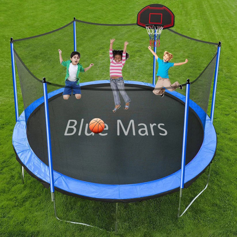 Blue Mars 1500 LBS 14 FT 16 FT Trampoline for Adults 7-10 Kids, Heavy Duty Outdoor Trampoline with Basketball Hoop
