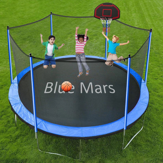 Blue Mars 1500 LBS 14 FT 16 FT Trampoline for Adults 7-10 Kids, Heavy Duty Outdoor Trampoline with Basketball Hoop