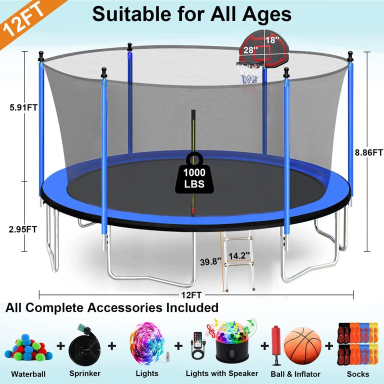 Blue Mars 1500 LBS 14 FT 16 FT Trampoline for Adults 7-10 Kids, Heavy Duty Outdoor Trampoline with Basketball Hoop