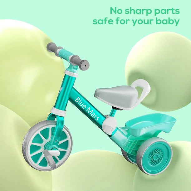 Blue Mars Ride on Toys for Toddlers 1-3, Baby Bike with Basket, Adjustable Seat, 3 Silence Wheels