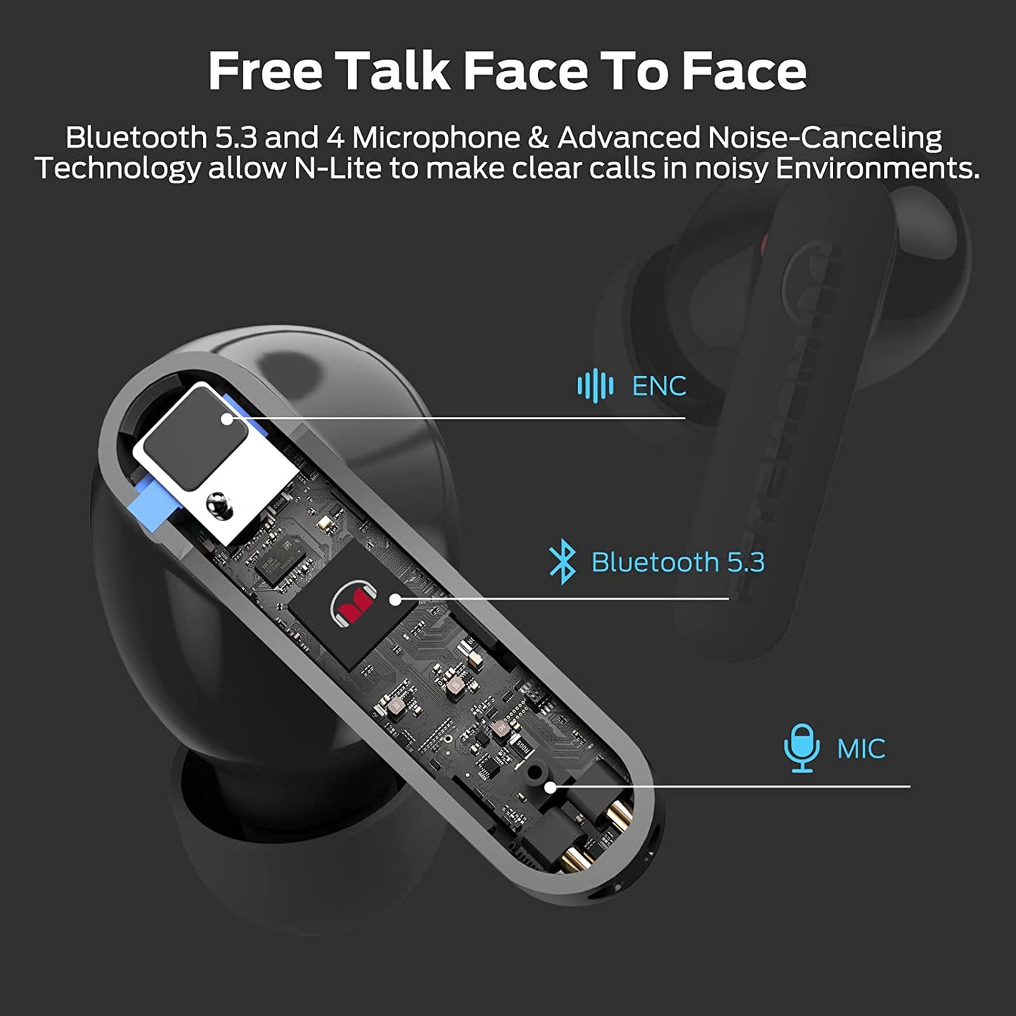 Monster N-Lite Clear Talk Wireless Earbuds Bluetooth 5.3 Headphones with CVC 8.0 Noise Reduction, IPX8 Waterproof in-Ear Stereo Earphones 60H Playtime, Bluetooth Earbuds with Fast Charging for Sport