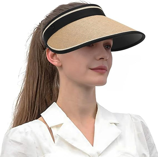 Women's Sun hat, Wide Brim hat, Anti-Ultraviolet, Hollow top Sun hat, roll up for Storage, Outdoor Beach Travel, Adjustable Elastic Band