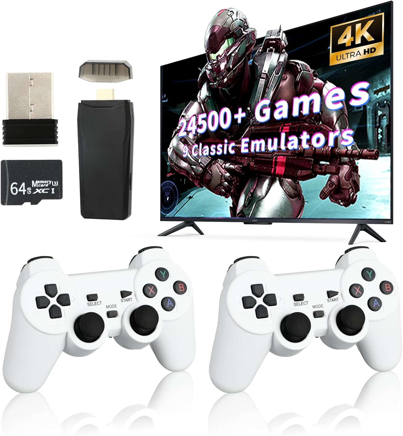 Retro Game Console, Wireless Retro Game Console, 24500+ Games Built-in, Plug and Play Video Games, 4K HDMI Output, 9 Emulators, Dual 2.4GHz Wireless Game, White(64G)