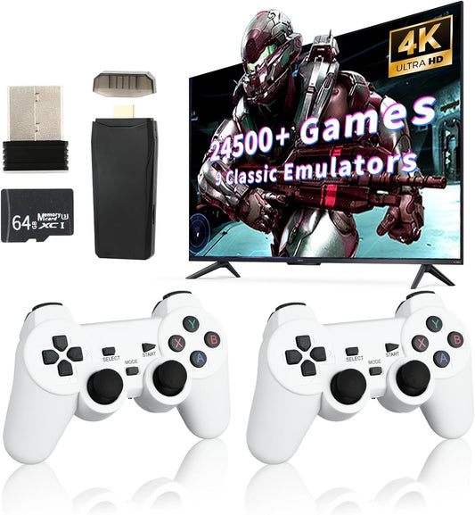 Retro Game Console, Wireless Retro Game Console, 24500+ Games Built-in, Plug and Play Video Games, 4K HDMI Output, 9 Emulators, Dual 2.4GHz Wireless Game, White(64G)