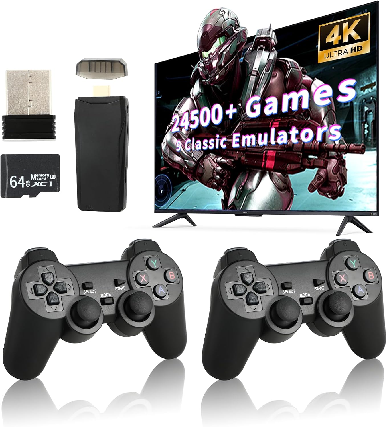 Retro Game Console, Wireless Retro Game Console, 24500+ Games Built-in, 9 Emulators, 4K HDMI Output, Dual 2.4GHz Wireless Game, Plug and Play Video Games, Black(64G)