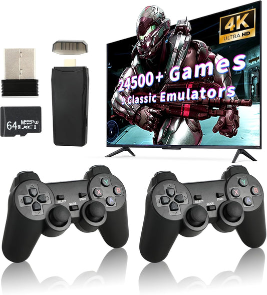 Retro Game Console, Wireless Retro Game Console, 24500+ Games Built-in, 9 Emulators, 4K HDMI Output, Dual 2.4GHz Wireless Game, Plug and Play Video Games, Black(64G)