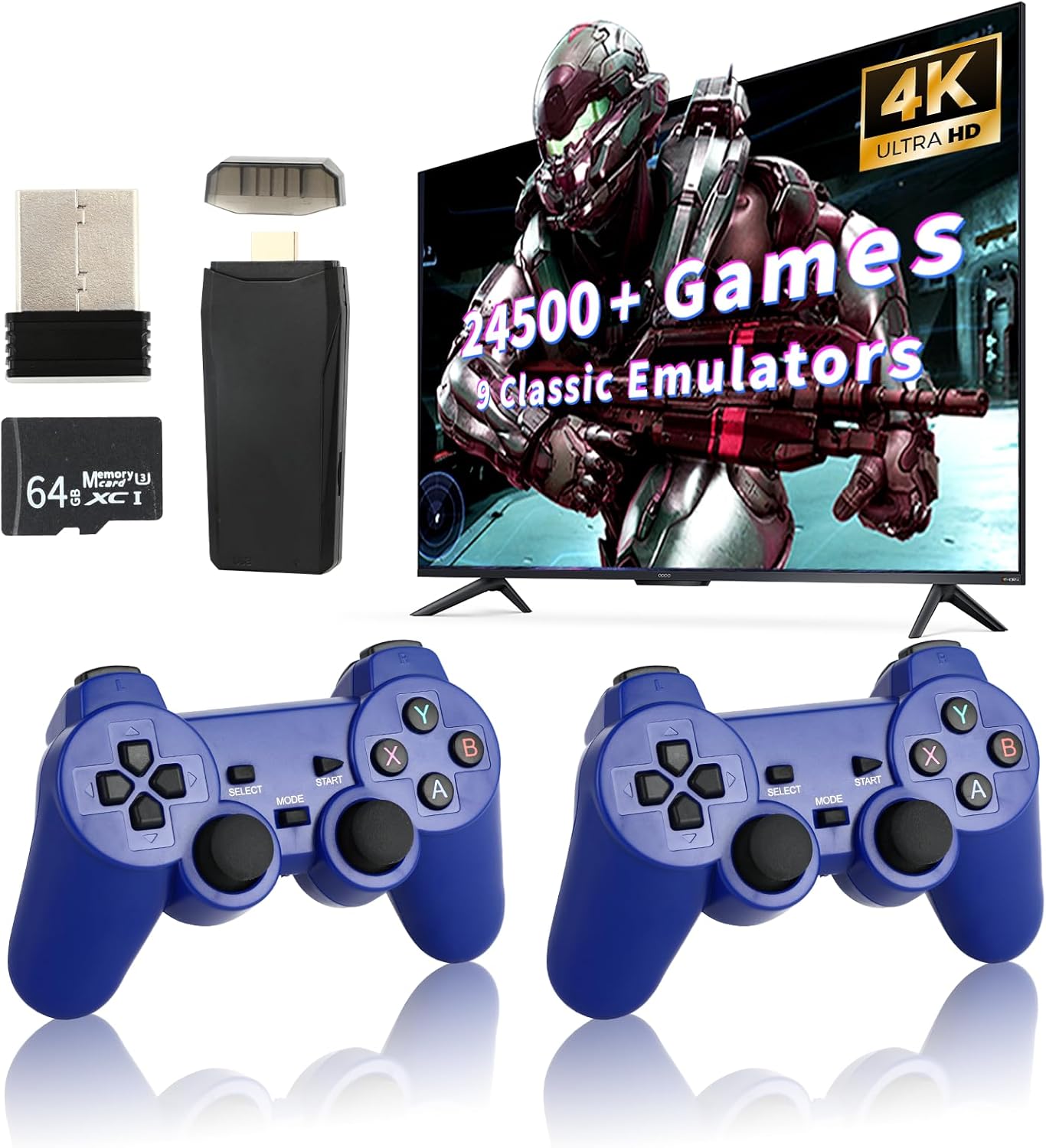 Retro Game Console, Wireless Retro Game Console, Built-in 9 Emulators, 4K HDMI Output, Dual 2.4GHz Wireless Game Stick, Built-in 24500+ Games, Plug and Play Video Games, Blue(64G)