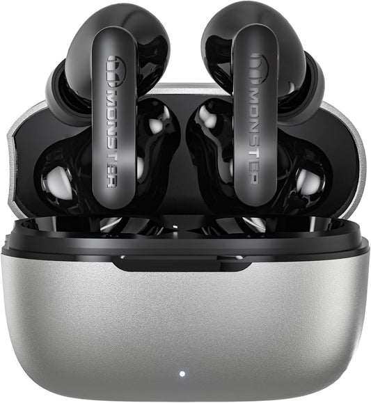 Monster N-Lite Clear Talk Wireless Earbuds Bluetooth 5.3 Headphones, IPX8 Waterproof in-Ear Stereo Earphones 60H Playtime, with Fast Charging for Sport, Bright Silver, MH22107