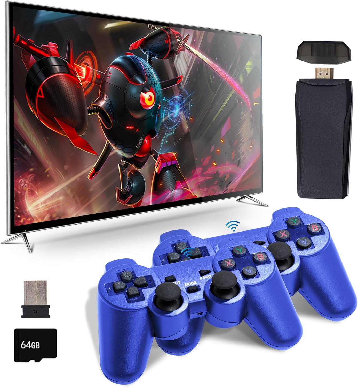 Retro Game Console, Plug & Play TV Gaming Console with 20,000 Built-in Games, 64GB, 4K HDMI Output, 9 Iconic Emulators, 2.4G Wireless Controllers, Blue