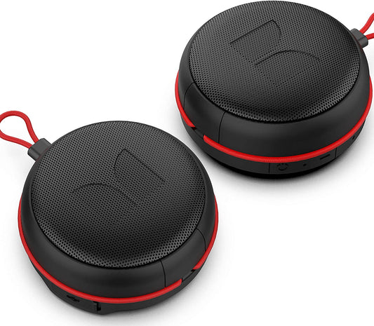 Monster PUCK Portable Bluetooth Speaker (2 Pack), 5 Watt Power Sound, Sync Up 2 EZ-Play Speakers, Up to 8 hours of Playtime, IPX5 Waterproof, Bungee Strap Included