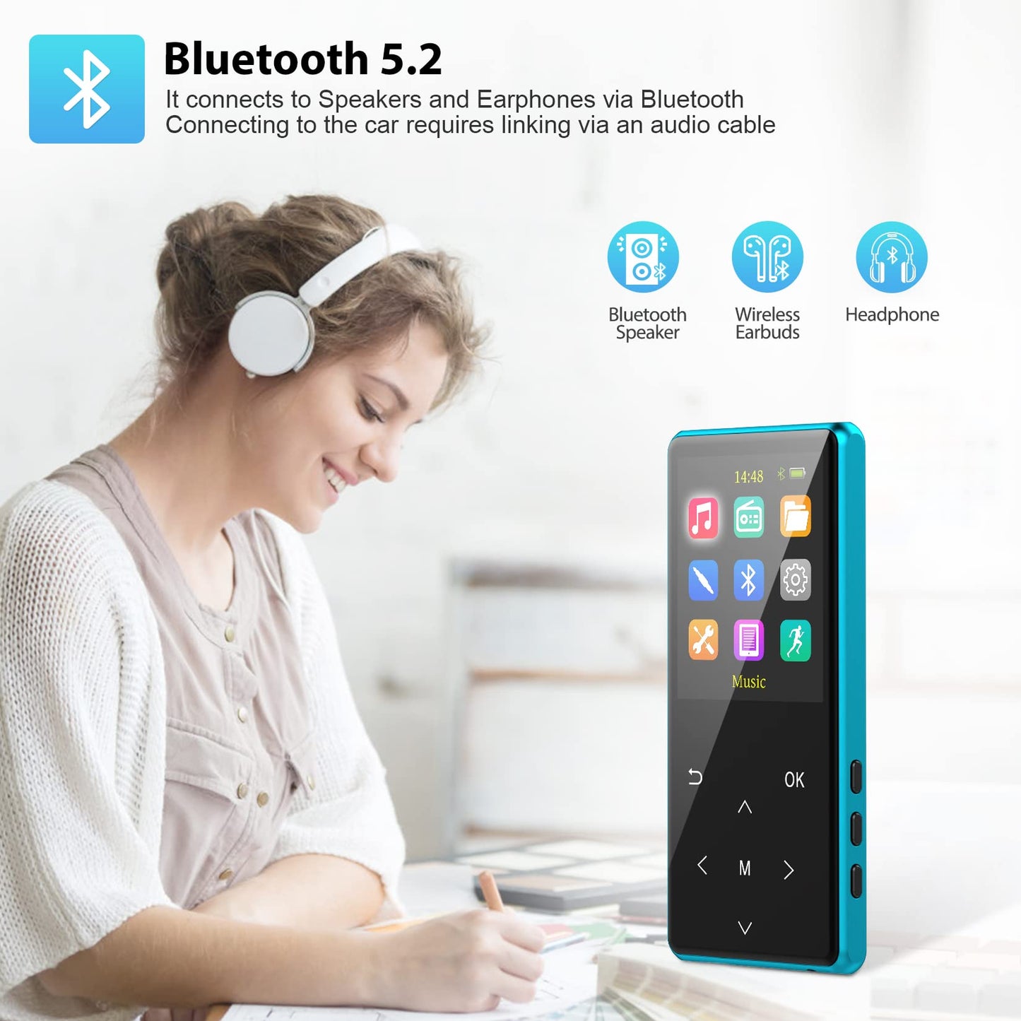 MP3 Player, 64GB MP3 Players with Bluetooth 5.2 Supports Lossless Music to Restore High-Fidelity Sound Quality, Support Recording, with FM, Includes arm Strap and Player Case, Easy to Carry, Blue.
