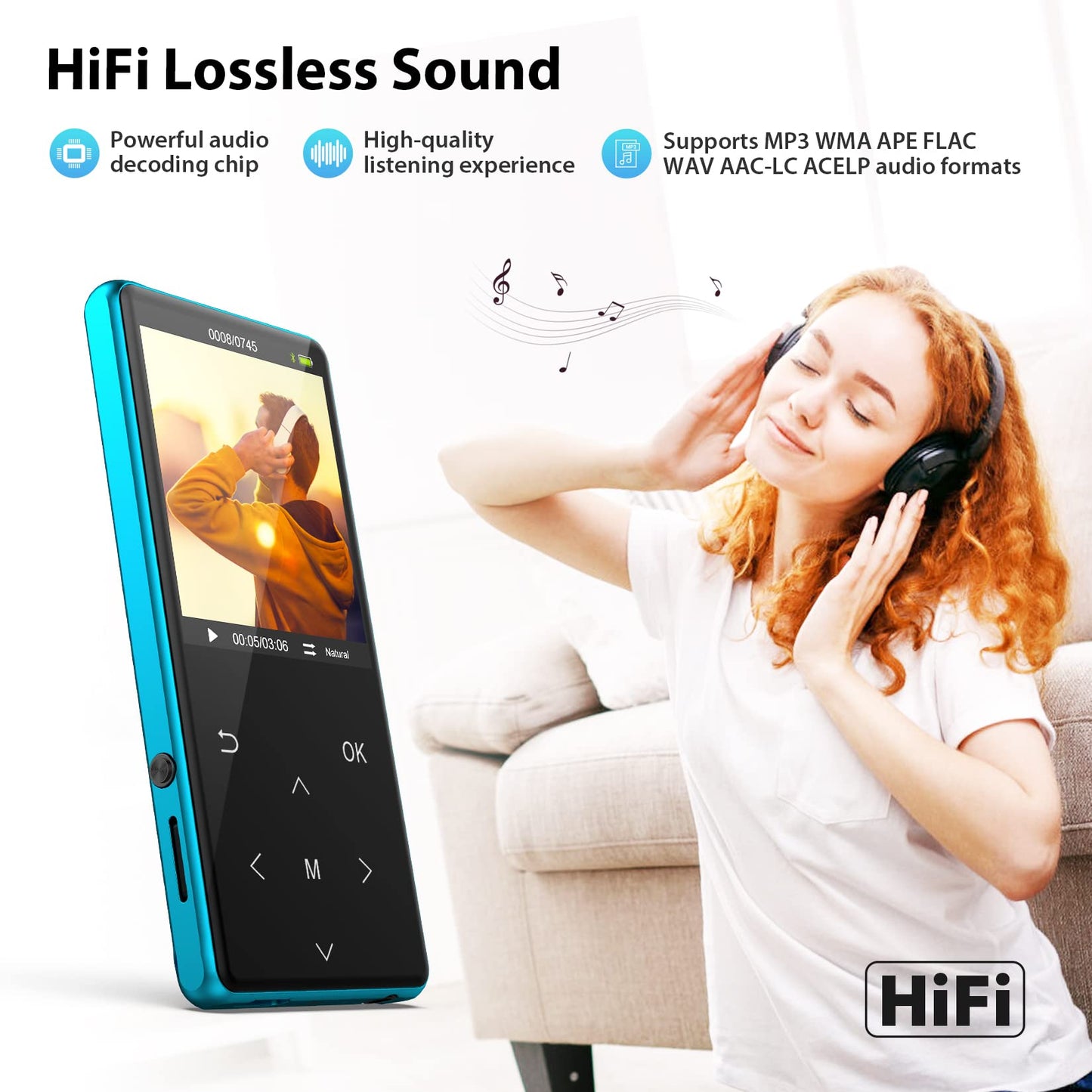 MP3 Player, 64GB MP3 Players with Bluetooth 5.2 Supports Lossless Music to Restore High-Fidelity Sound Quality, Support Recording, with FM, Includes arm Strap and Player Case, Easy to Carry, Blue.