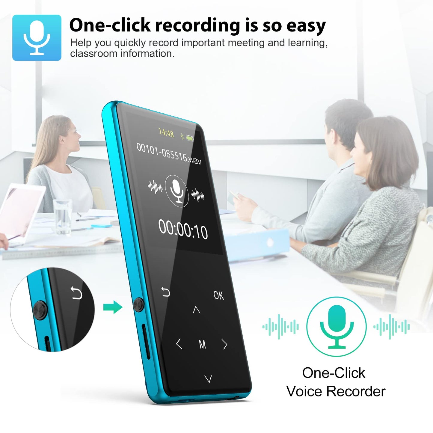 MP3 Player, 64GB MP3 Players with Bluetooth 5.2 Supports Lossless Music to Restore High-Fidelity Sound Quality, Support Recording, with FM, Includes arm Strap and Player Case, Easy to Carry, Blue.
