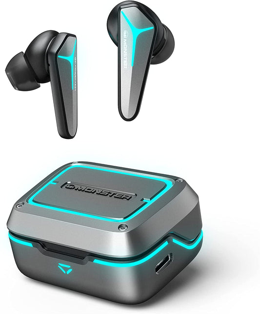 Monster Mission V1 Wireless Earbuds, Bluetooth 5.0 Built-in Mic Noise Cancelling Gaming Earbuds, Cool Light Effects with Music & Game Modes, 48ms Ultra Low-Latency Gaming Earphones