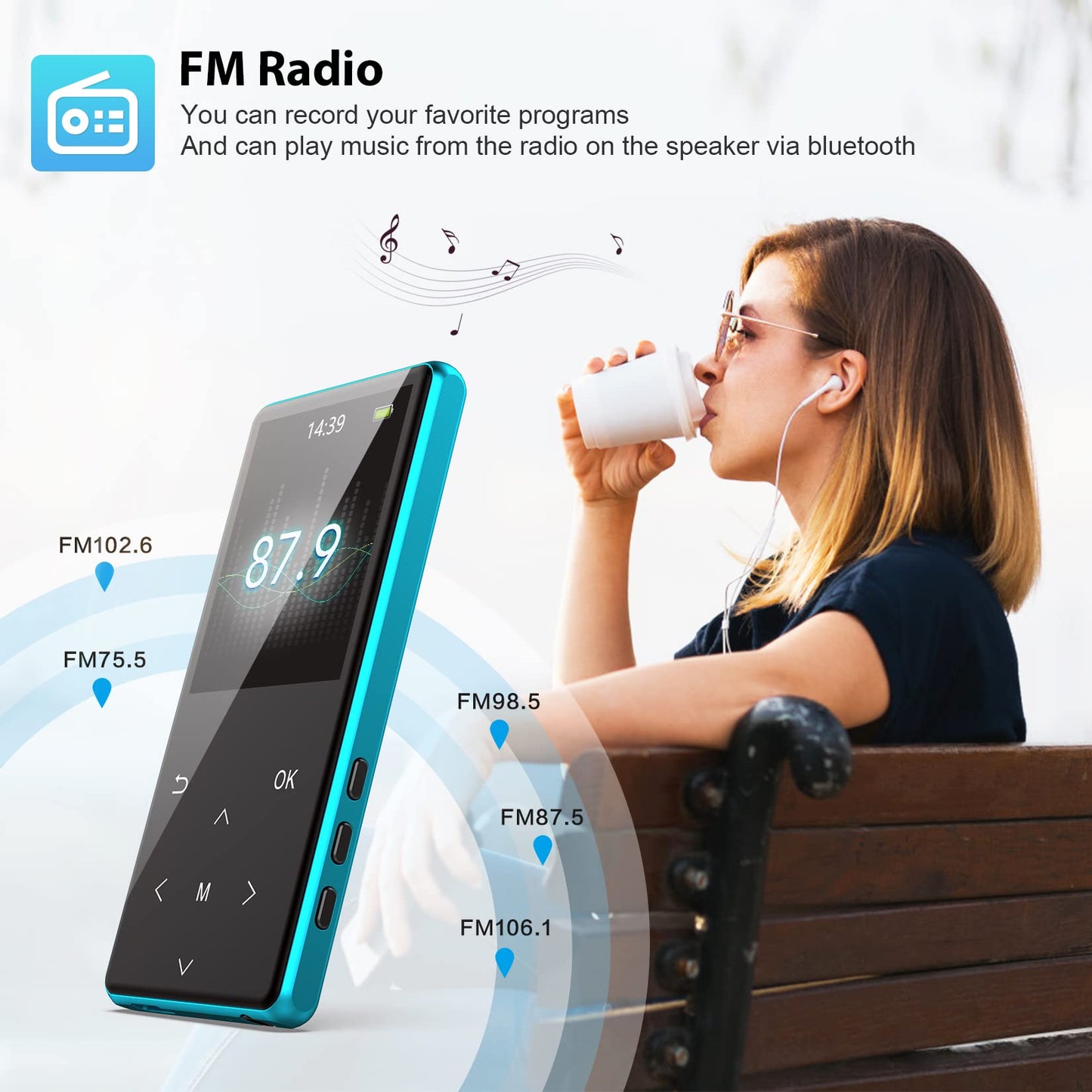 MP3 Player, 64GB MP3 Players with Bluetooth 5.2 Supports Lossless Music to Restore High-Fidelity Sound Quality, Support Recording, with FM, Includes arm Strap and Player Case, Easy to Carry, Blue.