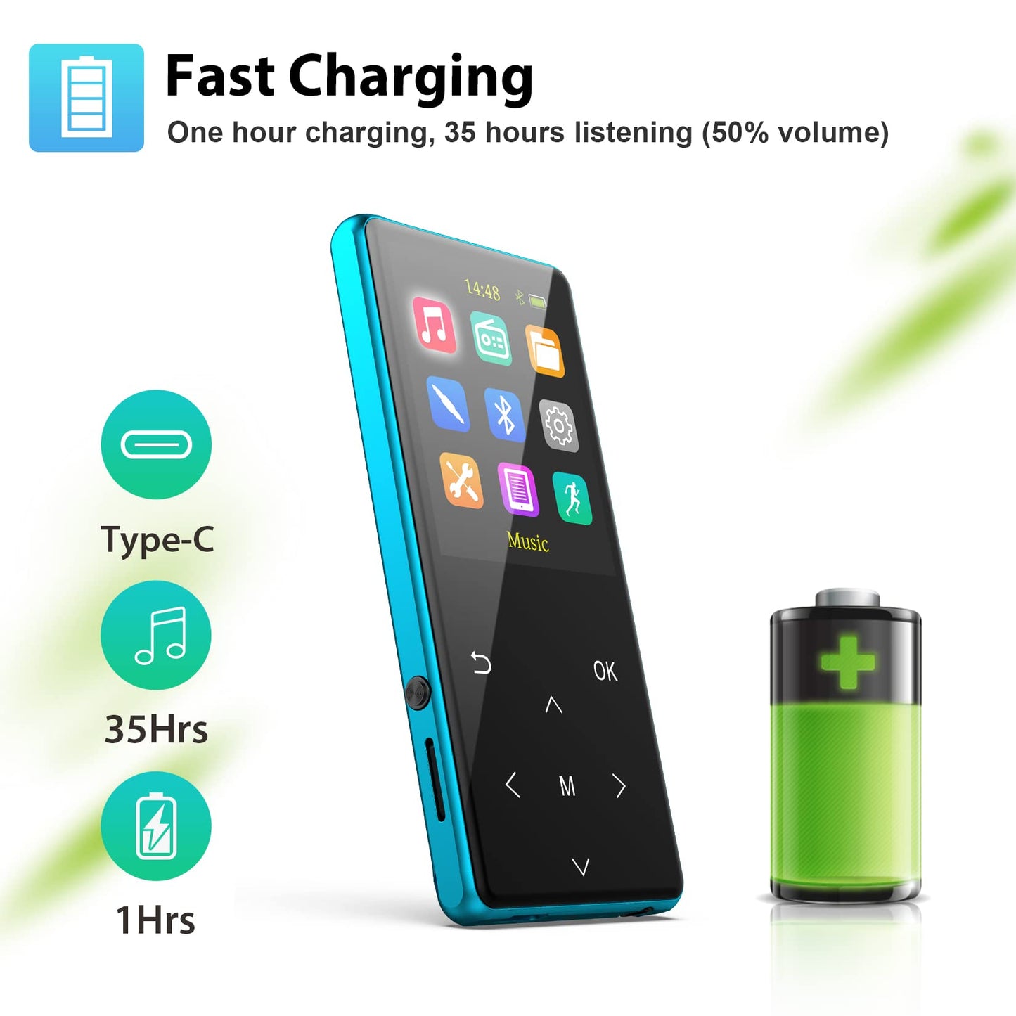 MP3 Player, 64GB MP3 Players with Bluetooth 5.2 Supports Lossless Music to Restore High-Fidelity Sound Quality, Support Recording, with FM, Includes arm Strap and Player Case, Easy to Carry, Blue.