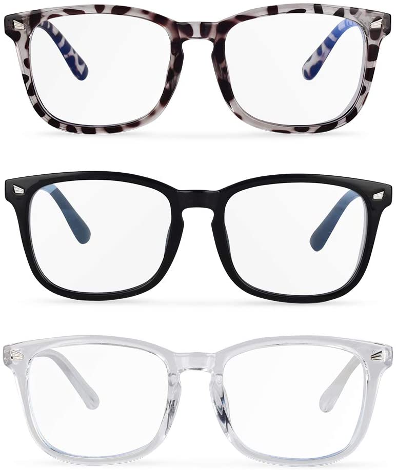 Blue Light Glasses, 3pack Blue Light Blocking Glasses. Reduce Eye Fatigue. Dryness and Vision Loss. Anti-Fatigue Computer Game Glasses.Wear Glasses Cloth and (Black + Transparent + Leopard)